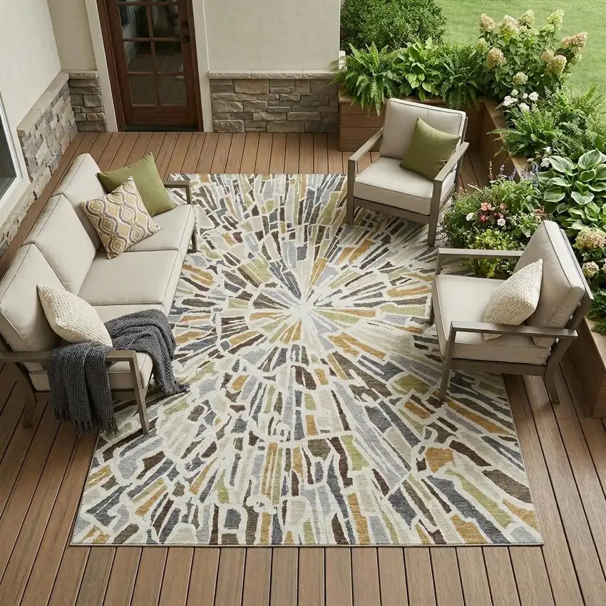 Ivory And Beige Abstract Washable Indoor Outdoor Area Rug Photo 1