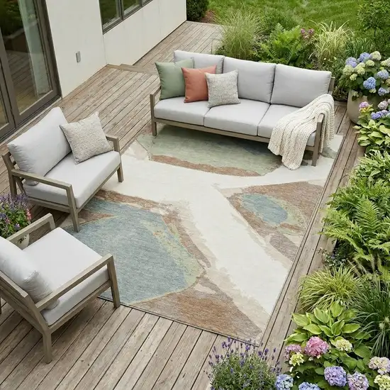 Ivory And Beige Abstract Washable Indoor Outdoor Area Rug Photo 1