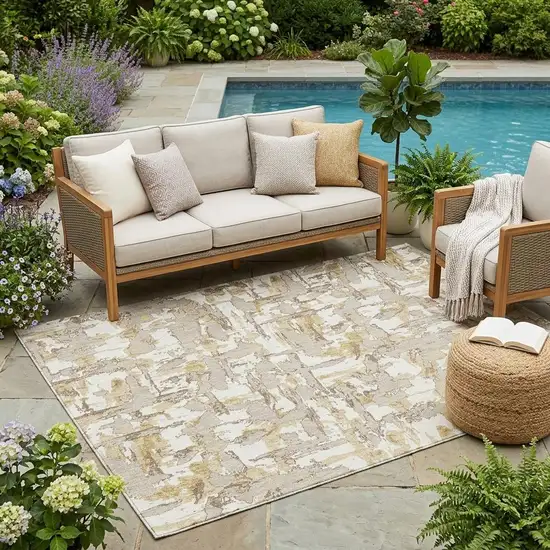 Ivory And Beige Abstract Washable Indoor Outdoor Area Rug Photo 1