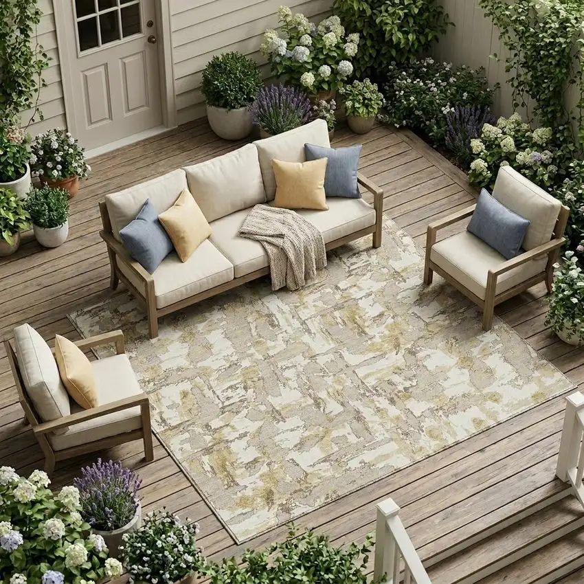 Ivory And Beige Abstract Washable Indoor Outdoor Area Rug Photo 1