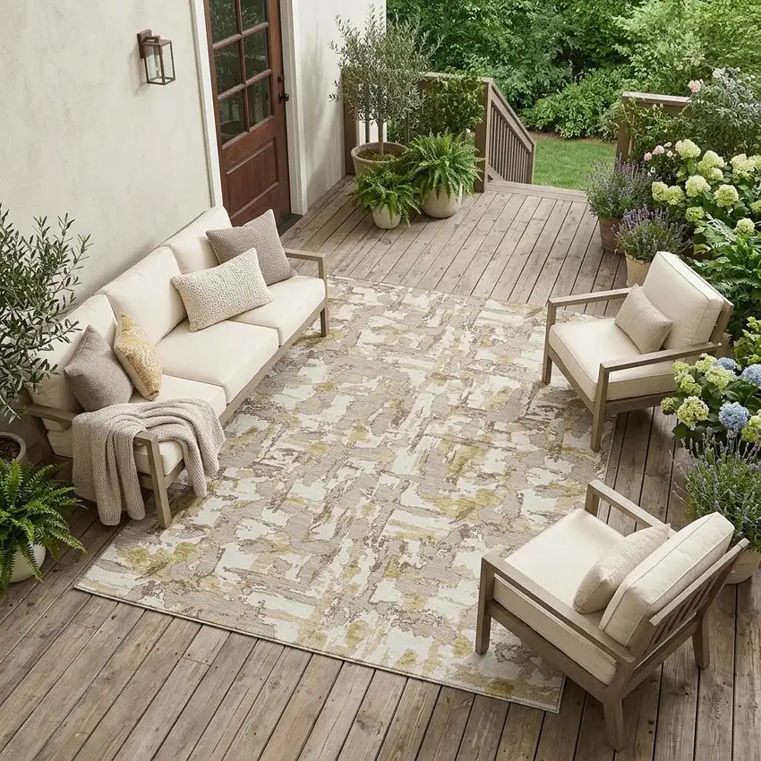 Ivory And Beige Abstract Washable Indoor Outdoor Area Rug Photo 1