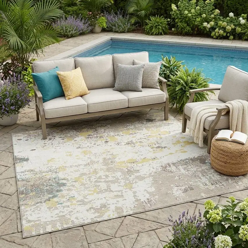 Ivory And Beige Abstract Washable Indoor Outdoor Area Rug Photo 1