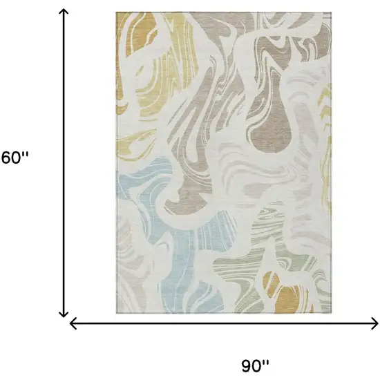 Ivory And Beige Abstract Washable Indoor Outdoor Area Rug Photo 5