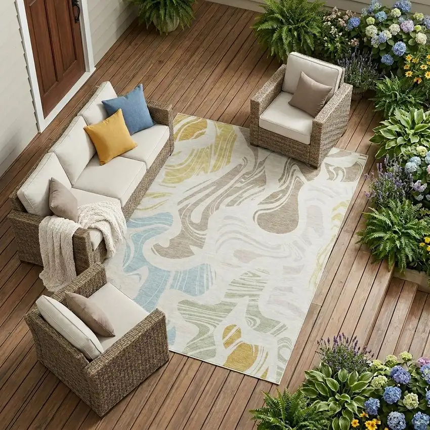 Ivory And Beige Abstract Washable Indoor Outdoor Area Rug Photo 1