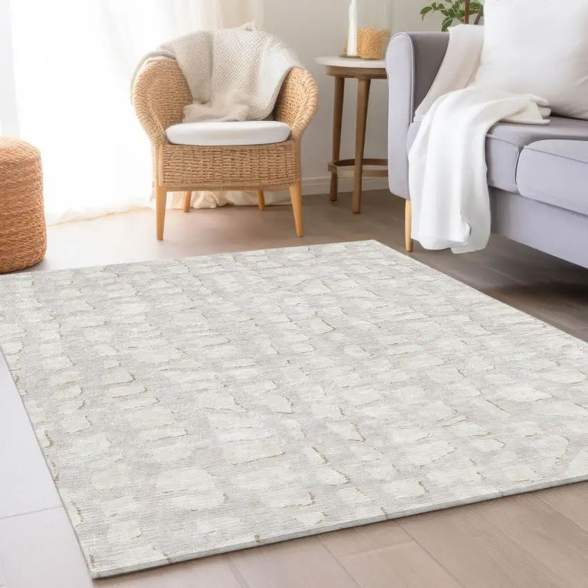 Ivory And Beige Abstract Washable Indoor Outdoor Area Rug Photo 7
