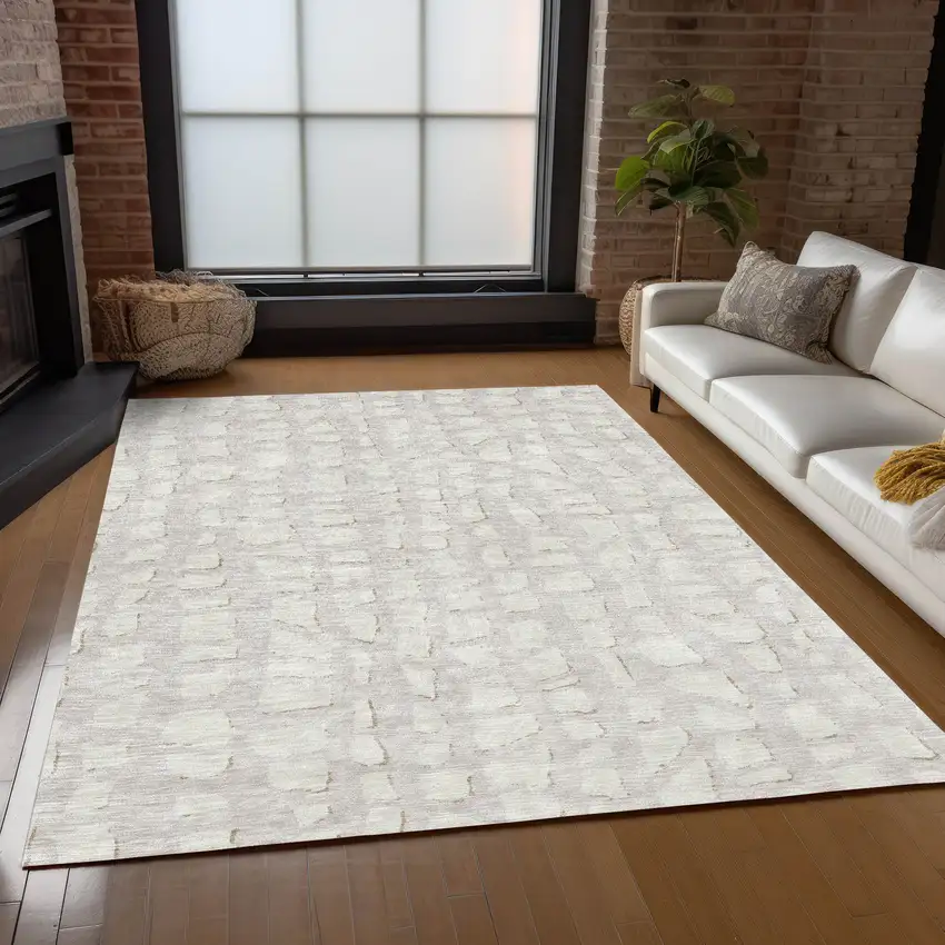 Ivory And Beige Abstract Washable Indoor Outdoor Area Rug Photo 8