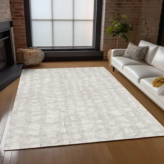 Ivory And Beige Abstract Washable Indoor Outdoor Area Rug Photo 8