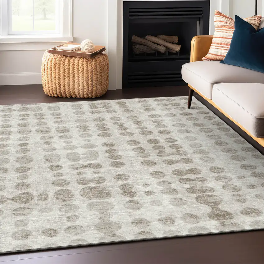 Ivory And Beige Abstract Washable Indoor Outdoor Area Rug Photo 8