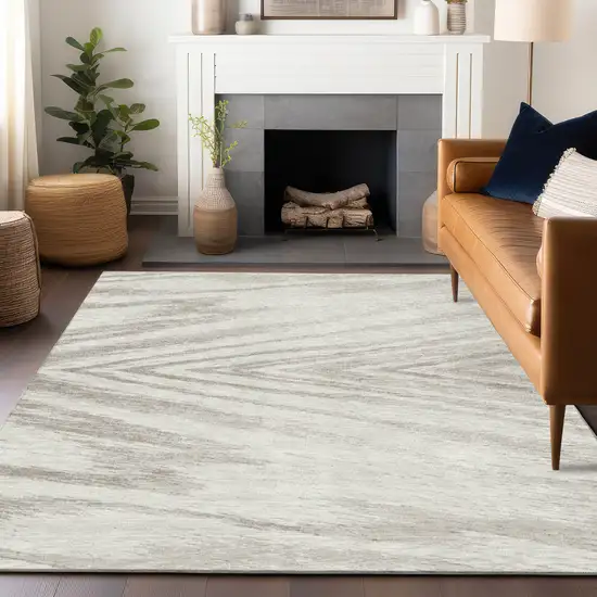 Ivory And Beige Abstract Washable Indoor Outdoor Area Rug Photo 8