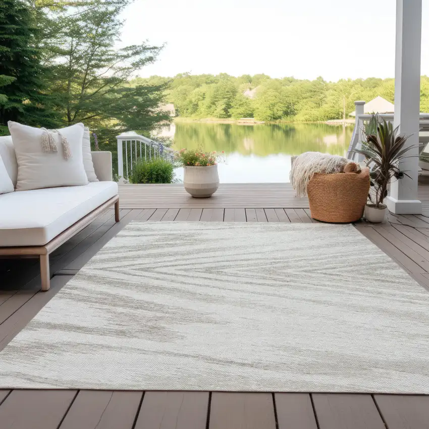 Ivory And Beige Abstract Washable Indoor Outdoor Area Rug Photo 8