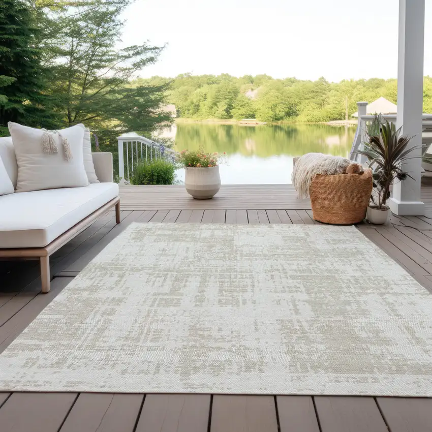 Ivory And Beige Abstract Washable Indoor Outdoor Area Rug Photo 7