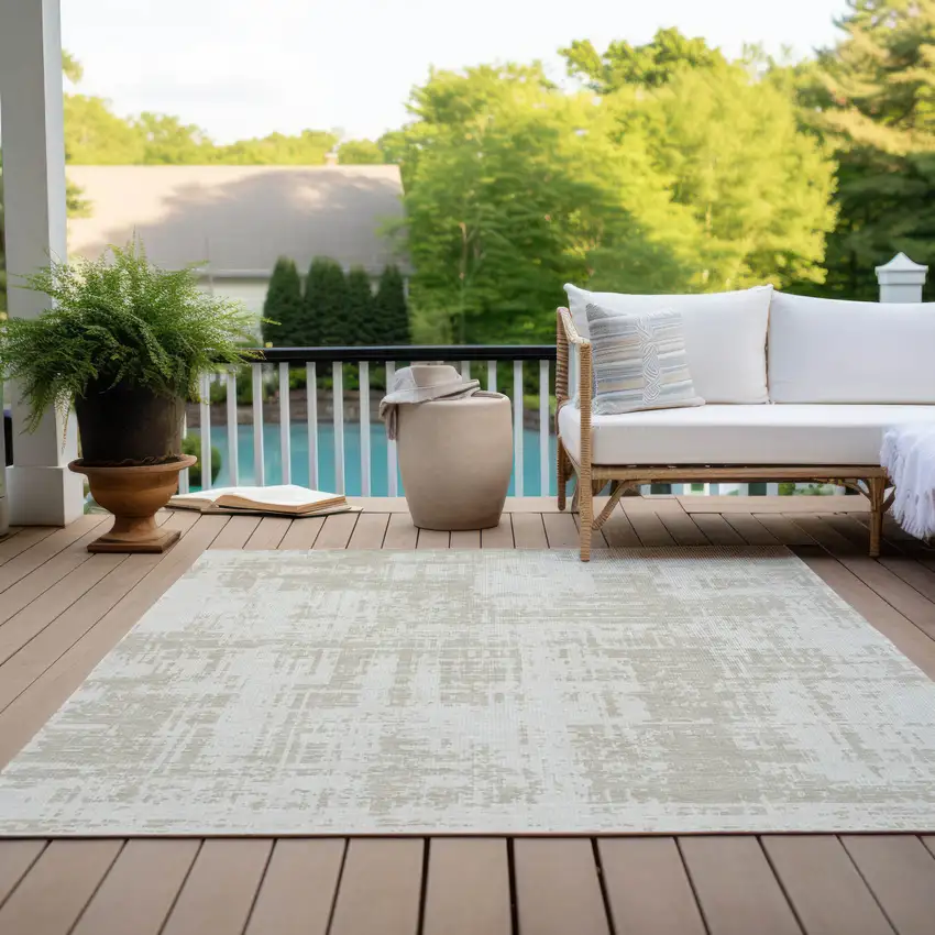 Ivory And Beige Abstract Washable Indoor Outdoor Area Rug Photo 9