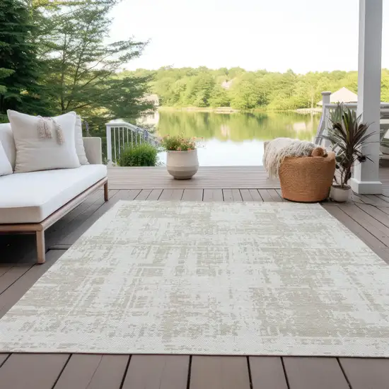 Ivory And Beige Abstract Washable Indoor Outdoor Area Rug Photo 6