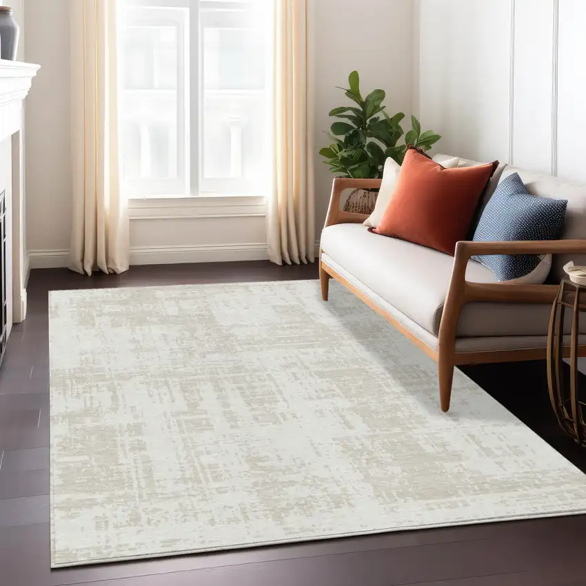 Ivory And Beige Abstract Washable Indoor Outdoor Area Rug Photo 8