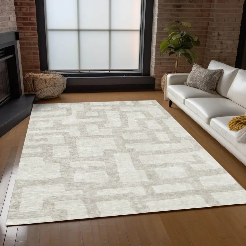 Ivory And Beige Abstract Washable Indoor Outdoor Area Rug Photo 9