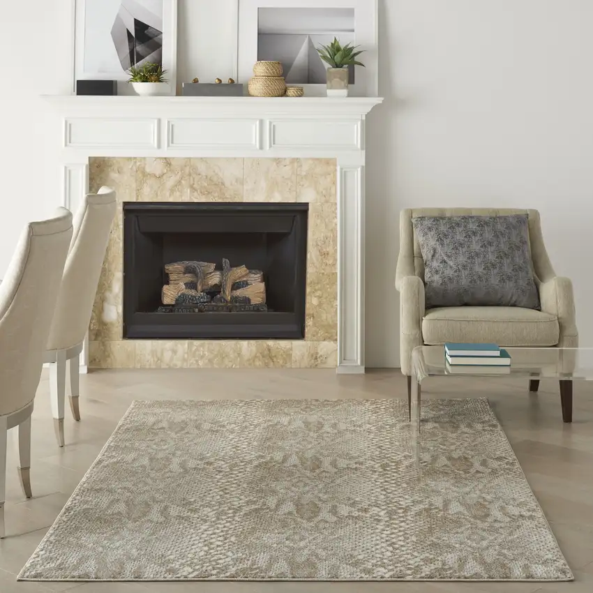 Ivory And Beige Animal Print Distressed Area Rug Photo 5