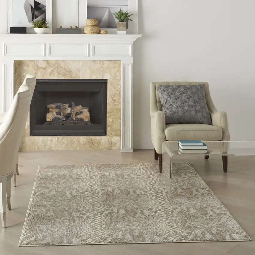 Ivory And Beige Animal Print Distressed Area Rug Photo 6