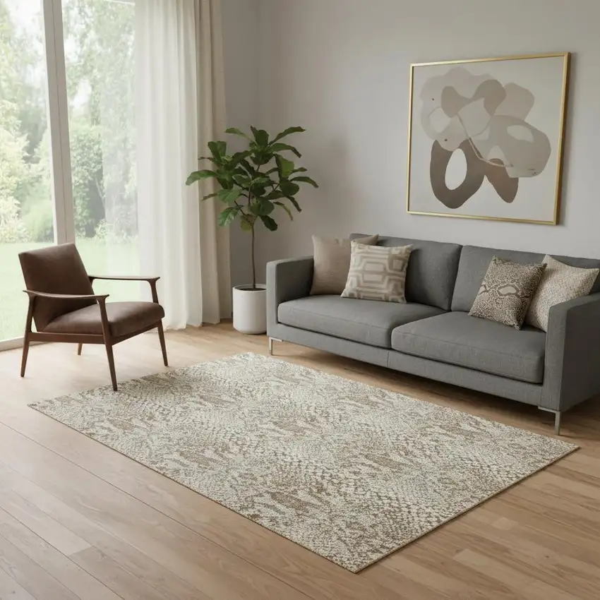 Ivory And Beige Animal Print Distressed Area Rug Photo 1