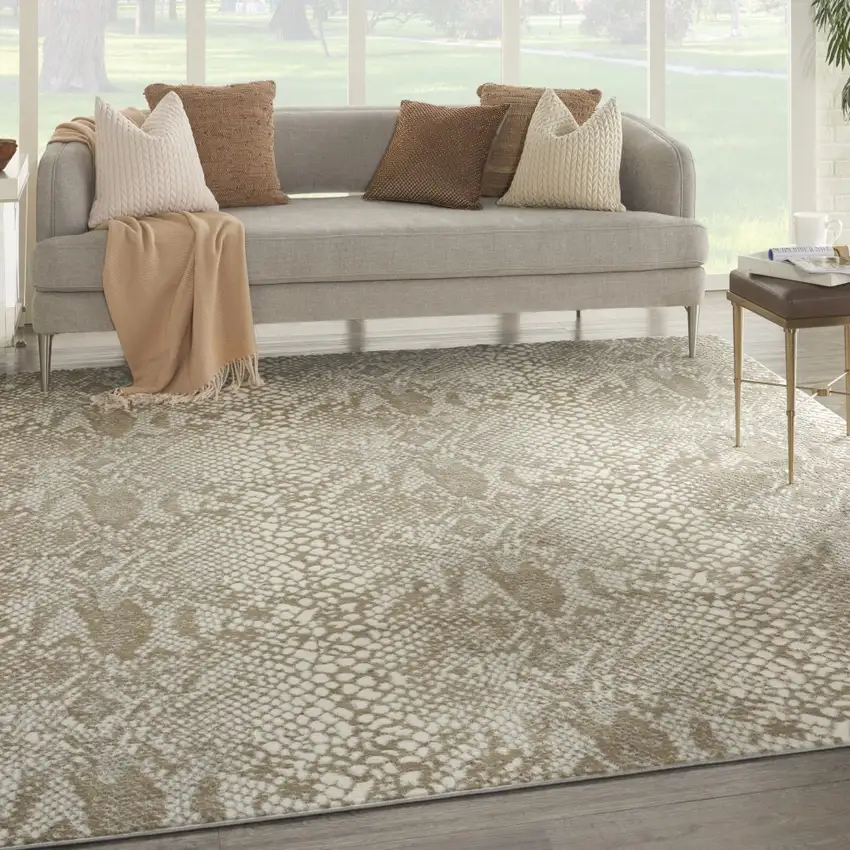 Ivory And Beige Animal Print Distressed Area Rug Photo 5