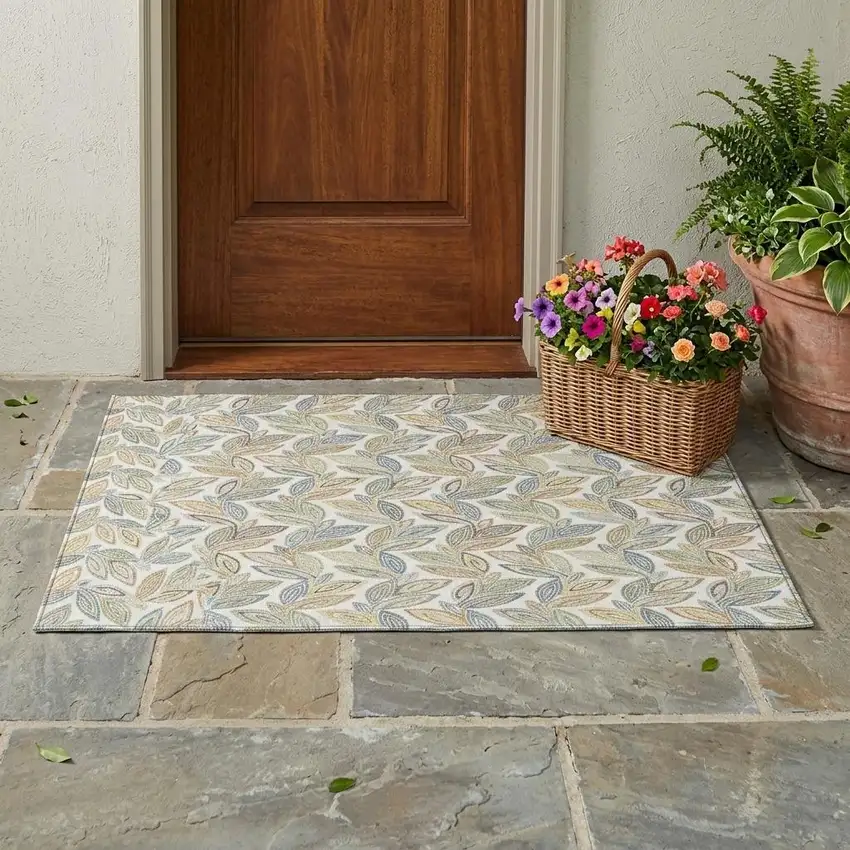 Ivory And Beige Botanical Leaves Washable Indoor Outdoor Area Rug Photo 1