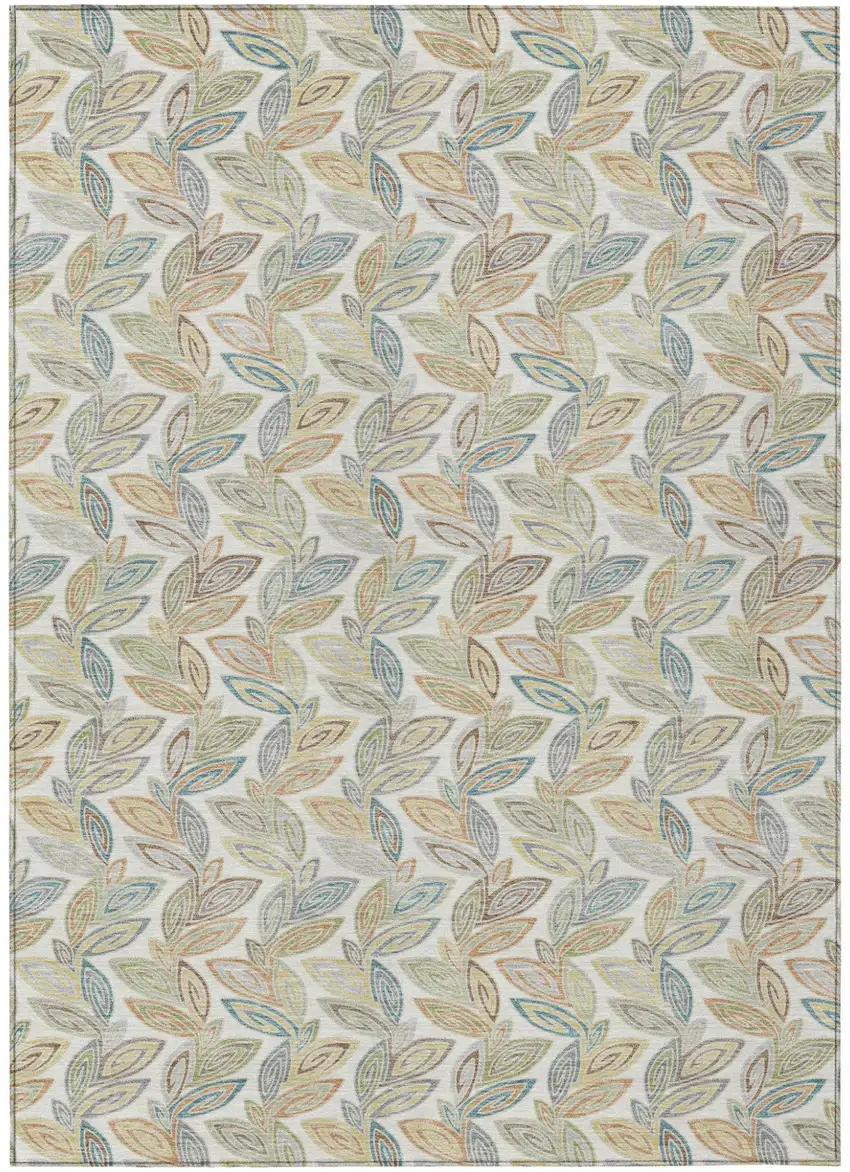 Ivory And Beige Botanical Leaves Washable Indoor Outdoor Area Rug Photo 2