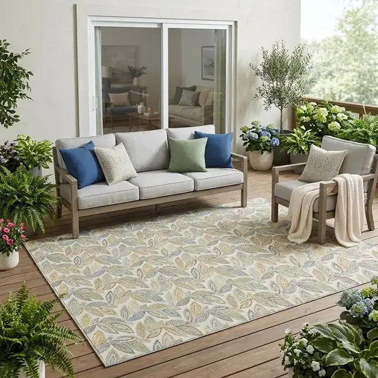 Ivory And Beige Botanical Leaves Washable Indoor Outdoor Area Rug Photo 1