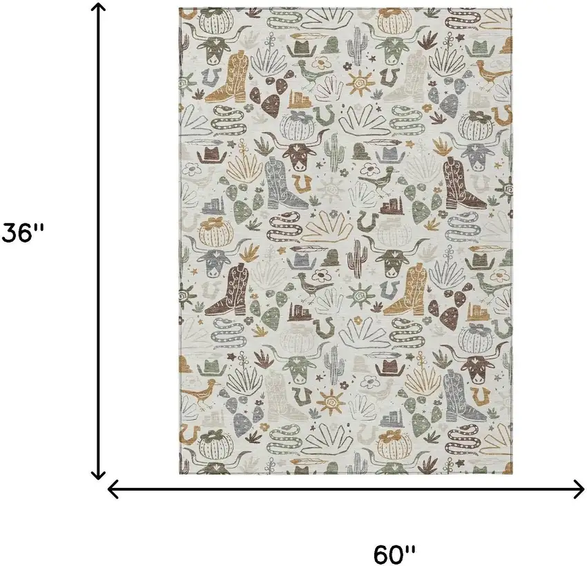 Ivory And Beige Cactus Washable Indoor Outdoor Area Rug Photo 7