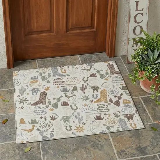 Ivory And Beige Cactus Washable Indoor Outdoor Area Rug Photo 1