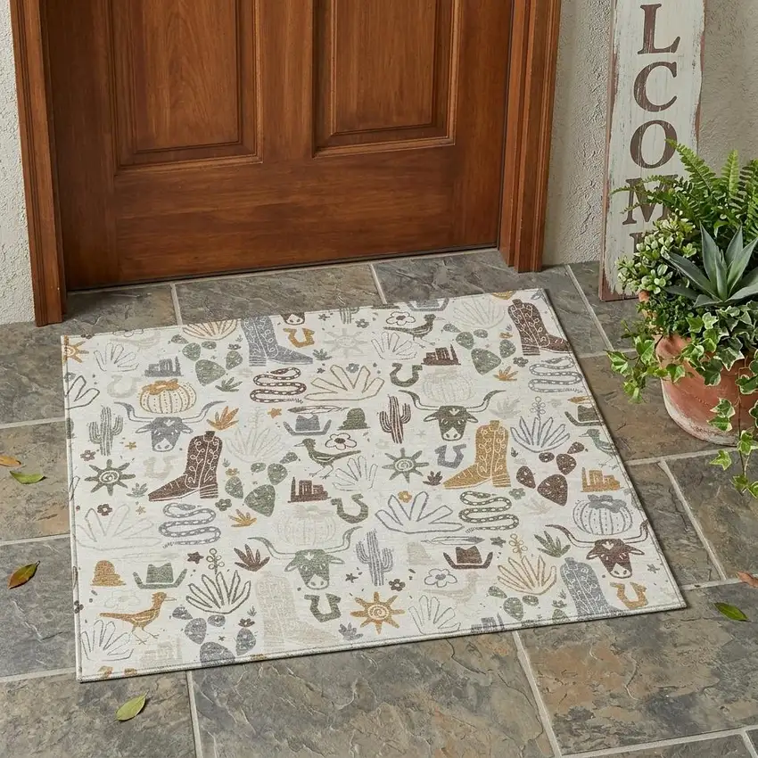 Ivory And Beige Cactus Washable Indoor Outdoor Area Rug Photo 1