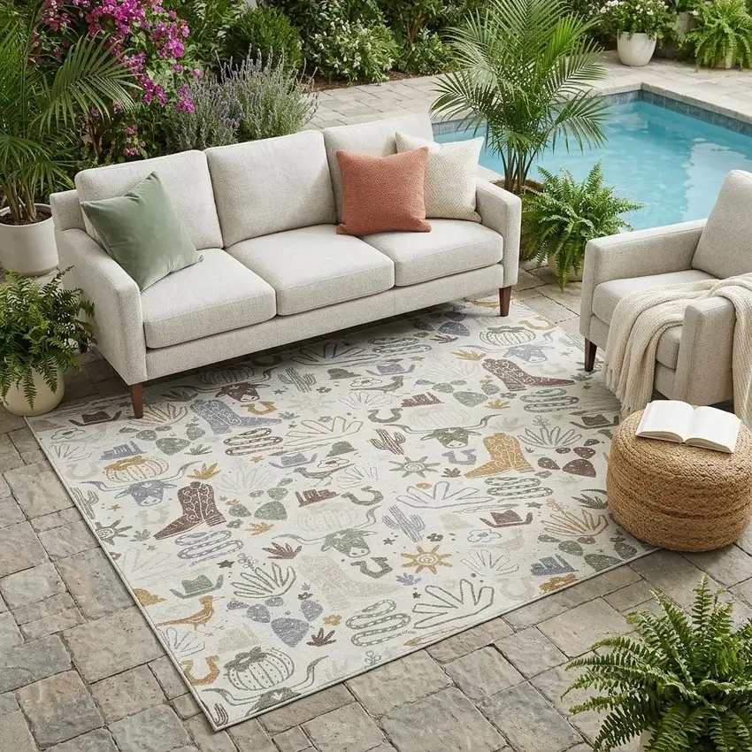 Ivory And Beige Cactus Washable Indoor Outdoor Area Rug Photo 1