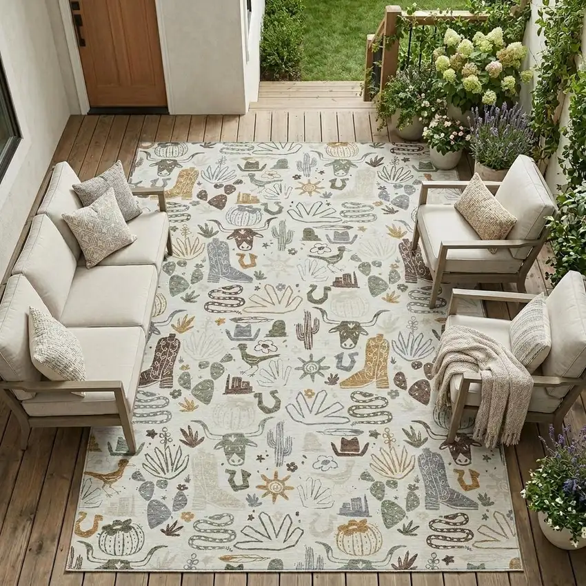 Ivory And Beige Cactus Washable Indoor Outdoor Area Rug Photo 1