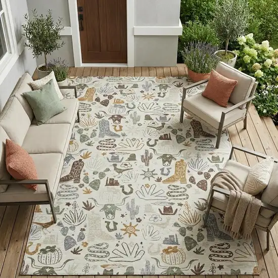 Ivory And Beige Cactus Washable Indoor Outdoor Area Rug Photo 1