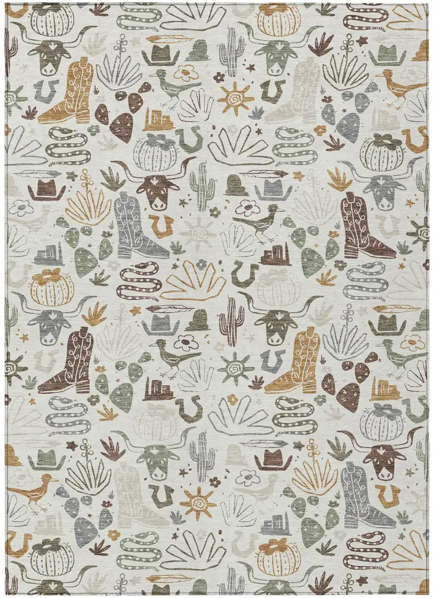 Ivory And Beige Cactus Washable Indoor Outdoor Area Rug Photo 2
