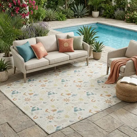 Ivory And Beige Cactus Washable Indoor Outdoor Area Rug Photo 1