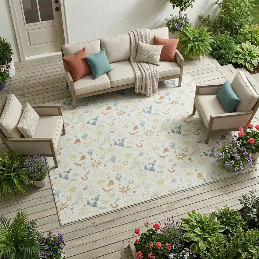 Ivory And Beige Cactus Washable Indoor Outdoor Area Rug Photo 1