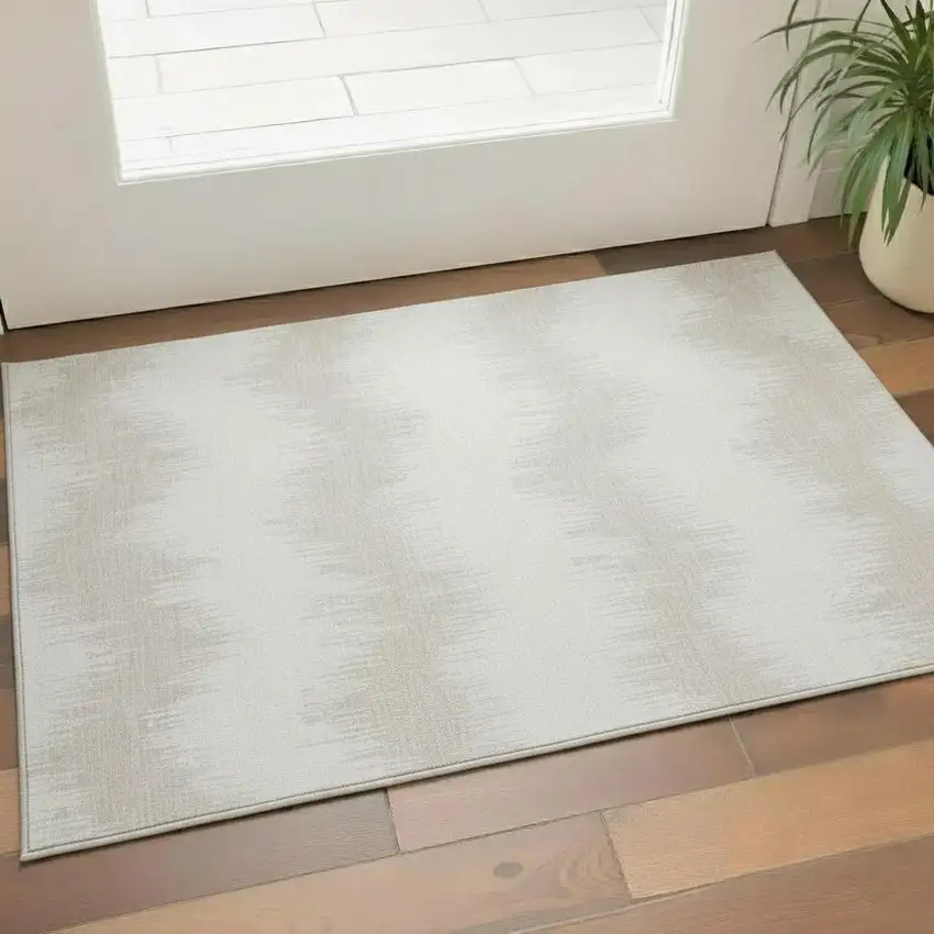 Ivory And Beige Chevron Washable Area Rug With UV Protection Photo 1