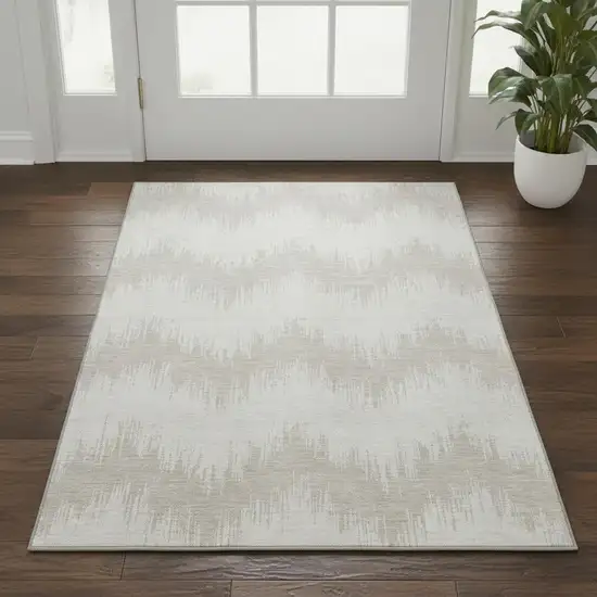 Ivory And Beige Chevron Washable Area Rug With UV Protection Photo 2