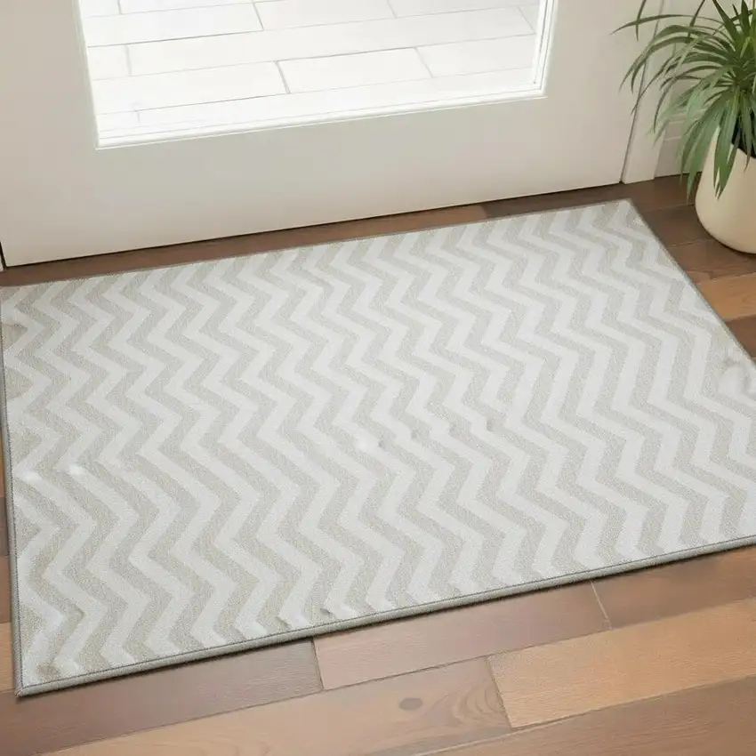 Ivory And Beige Chevron Washable Area Rug With UV Protection Photo 2
