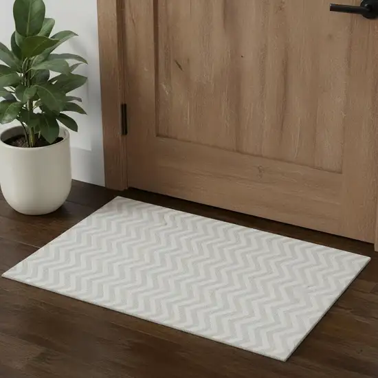 Ivory And Beige Chevron Washable Area Rug With UV Protection Photo 1