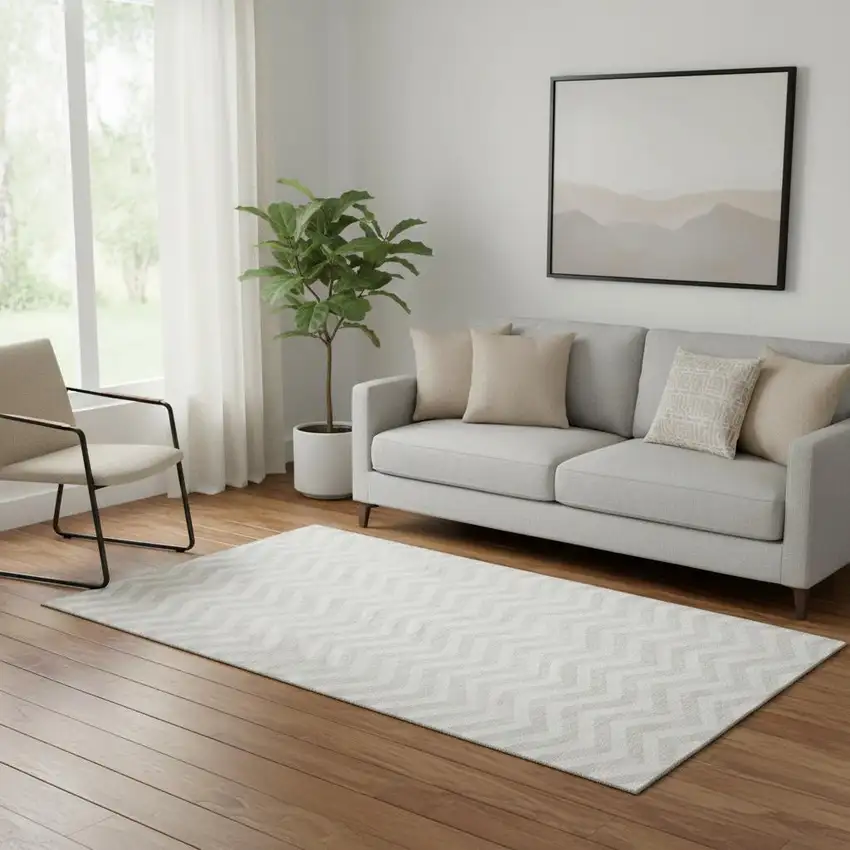 Ivory And Beige Chevron Washable Area Rug With UV Protection Photo 1