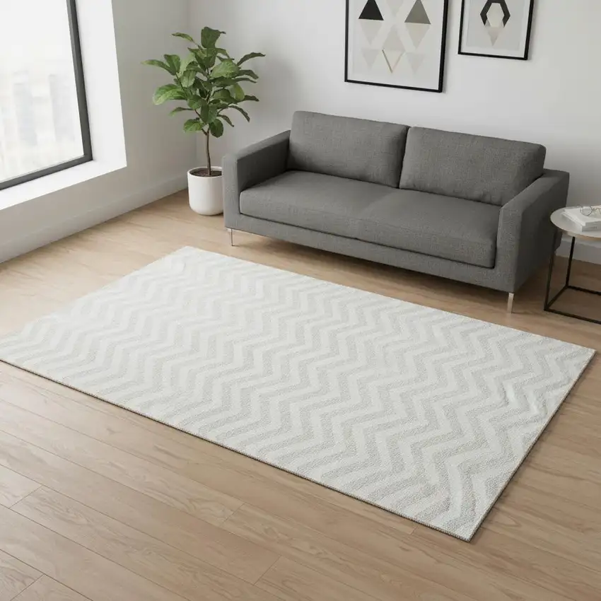 Ivory And Beige Chevron Washable Area Rug With UV Protection Photo 2