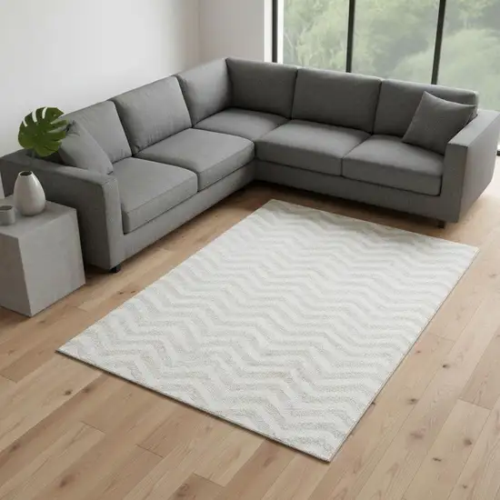 Ivory And Beige Chevron Washable Area Rug With UV Protection Photo 2