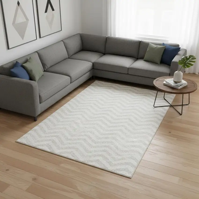 Ivory And Beige Chevron Washable Area Rug With UV Protection Photo 2