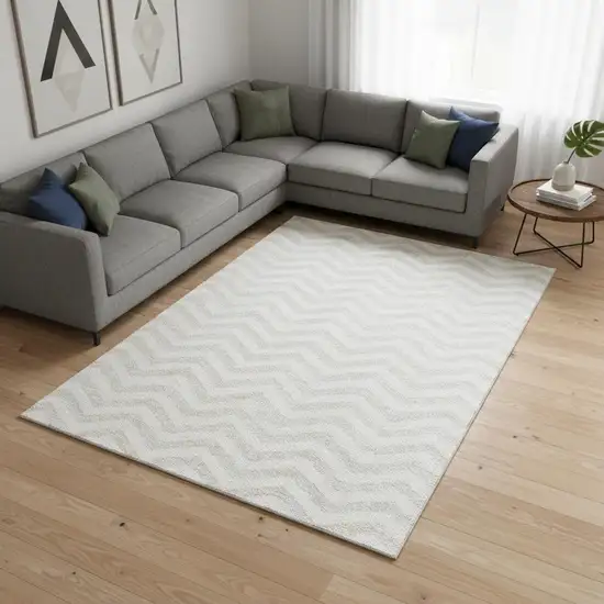 Ivory And Beige Chevron Washable Area Rug With UV Protection Photo 2