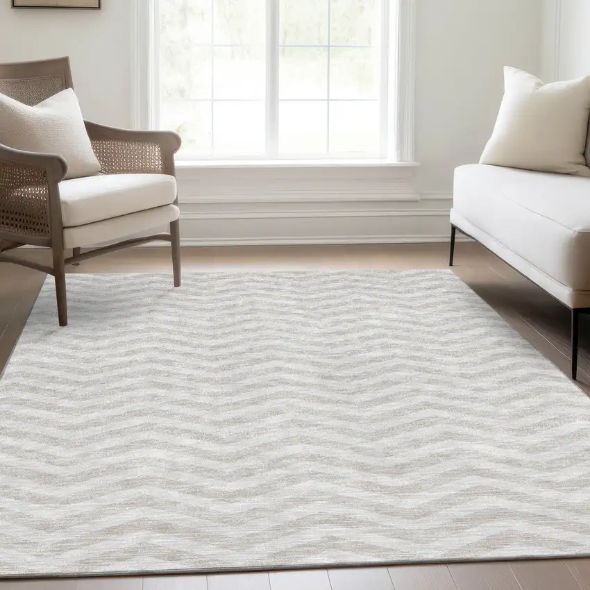 Ivory And Beige Chevron Washable Area Rug With UV Protection Photo 6