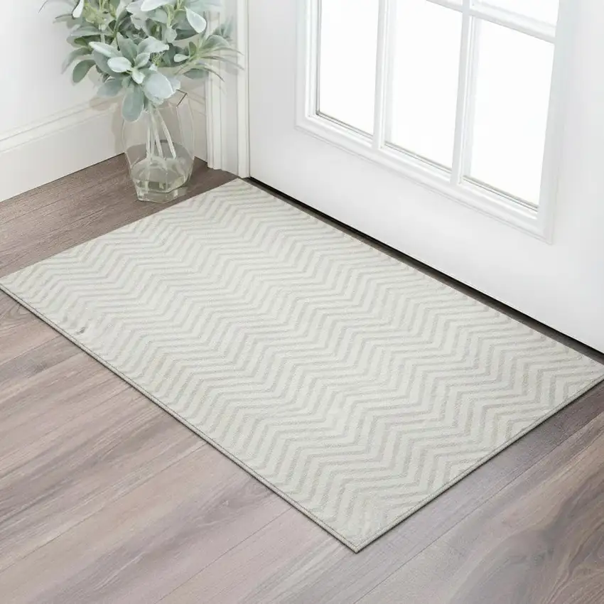 Ivory And Beige Chevron Washable Area Rug With UV Protection Photo 1