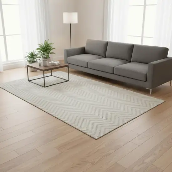 Ivory And Beige Chevron Washable Area Rug With UV Protection Photo 2