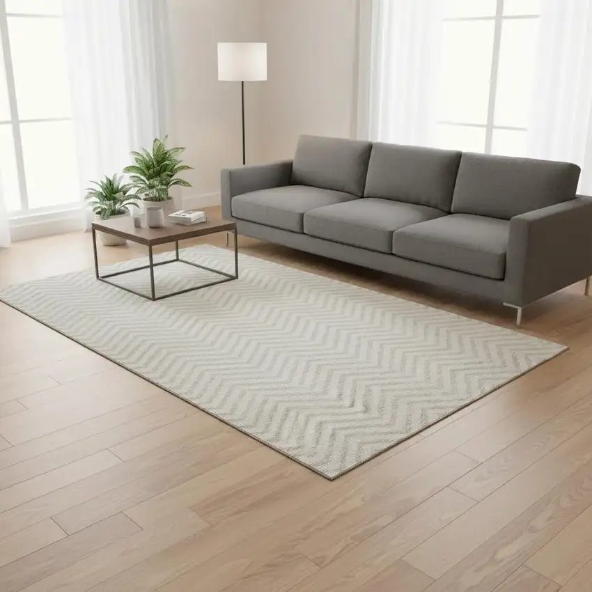 Ivory And Beige Chevron Washable Area Rug With UV Protection Photo 2