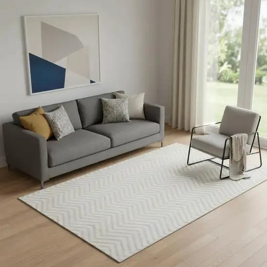 Ivory And Beige Chevron Washable Area Rug With UV Protection Photo 1