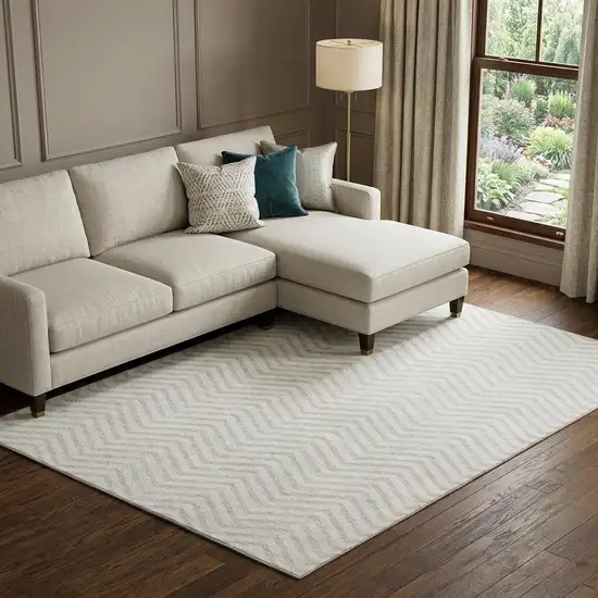 Ivory And Beige Chevron Washable Area Rug With UV Protection Photo 1